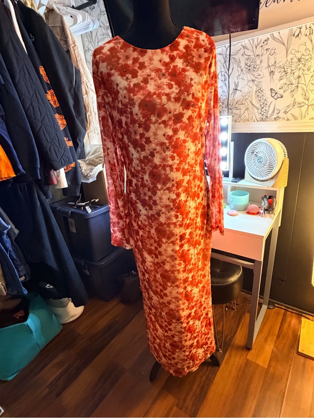 Red Floral Maxi Dress-Style Skirt with Long Sleeves